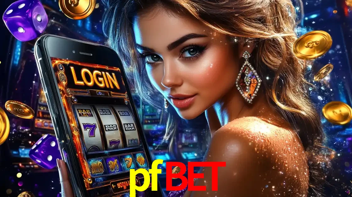 Mulher glamorosa segurando um smartphone com a tela de login para os jogos de caça-níqueis do cassino online pfbet, com moedas de ouro e dados ao redor.
