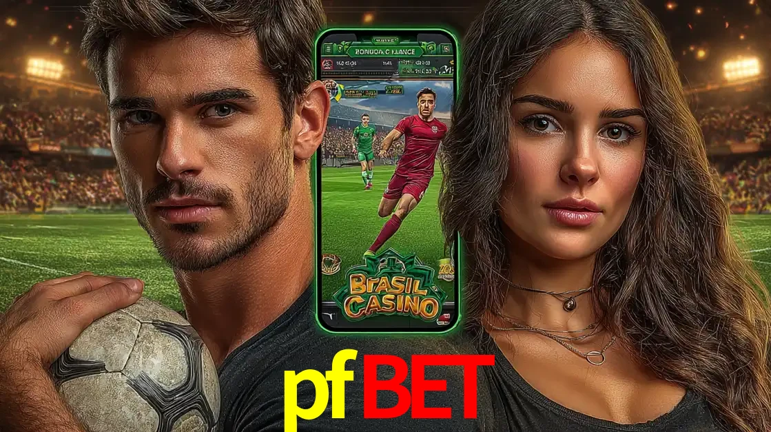 Homem segurando uma bola de futebol e uma mulher ao lado de um smartphone exibindo o jogo de apostas esportivas da pfbet. Faça seu palpite no cassino online.